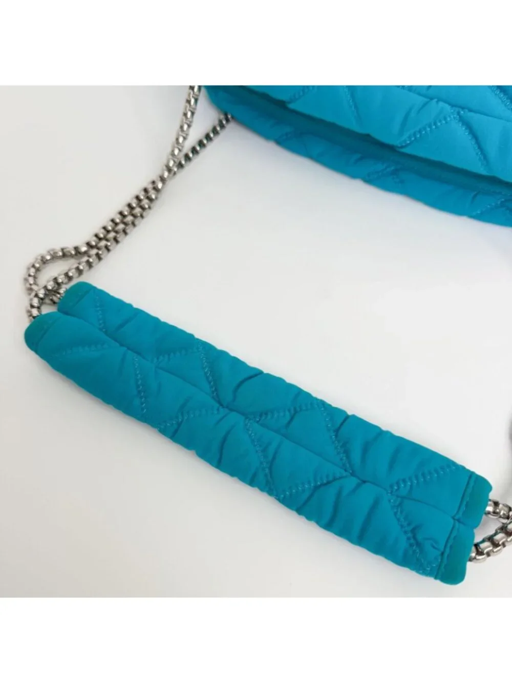 Chanel Bubble Quilt Chain Shoulder Bag Cotton Turquoise Blue Silver Seal Vintage